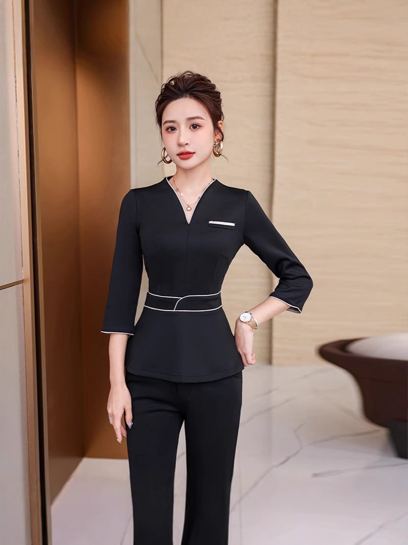Health Center El Front Desk Work Clothes Female Skin Management Technician Black High Elastic Middle Sleeve Suit - Image 4